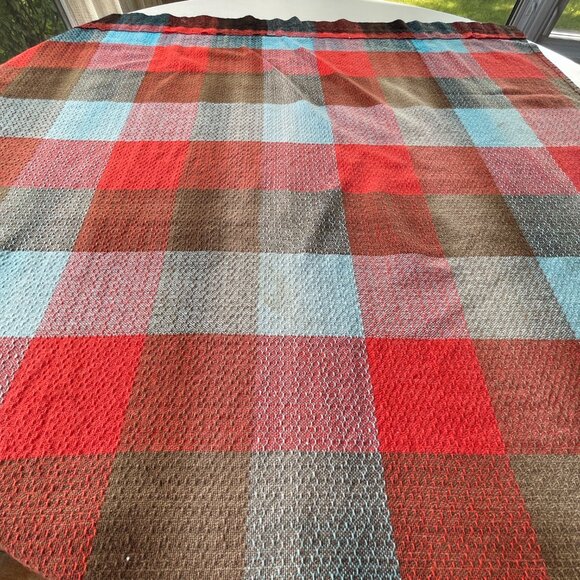 Vintage 80s curtains, bold blue, red, black plaid, pair of rod header panels - Picture 6 of 9